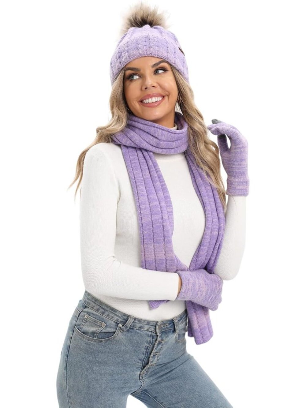 Cozy 3-Piece Winter Knit Set: Beanie, Warm Scarf & Fleece-Lined Touchscreen